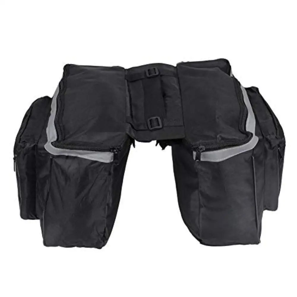 Black bicycle rear seat double pannier bag rear view with center strap and side pockets