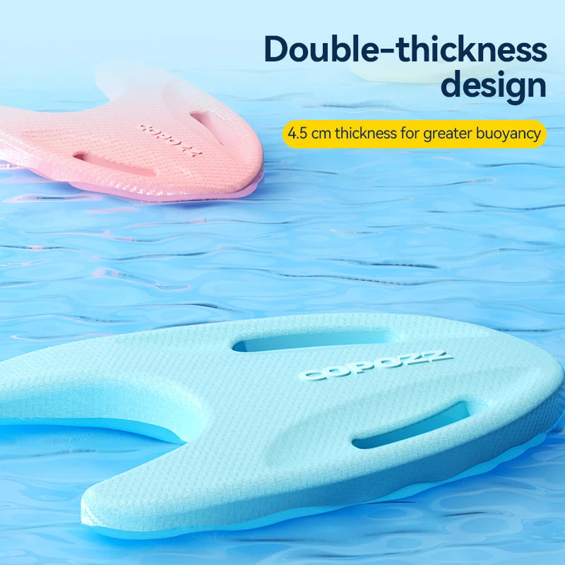 Turquoise EVA swimming float board partially submerged, double-thickness style