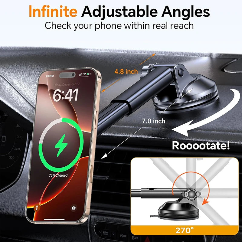 Black magnetic dashboard car phone charger with adjustable arm and phone on disc