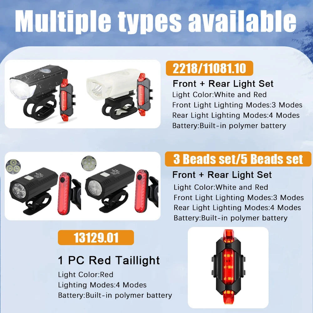 Bike headlight and red rear taillight set shown in multiple size/color bundle options