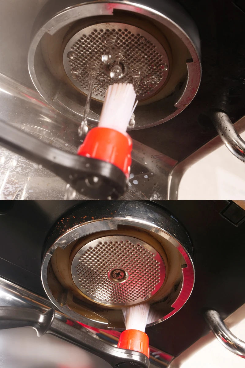 Detachable coffee cleaning brush with red head and white bristles