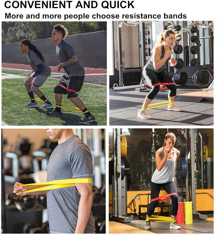 Red and yellow resistance loop bands worn around legs during squats