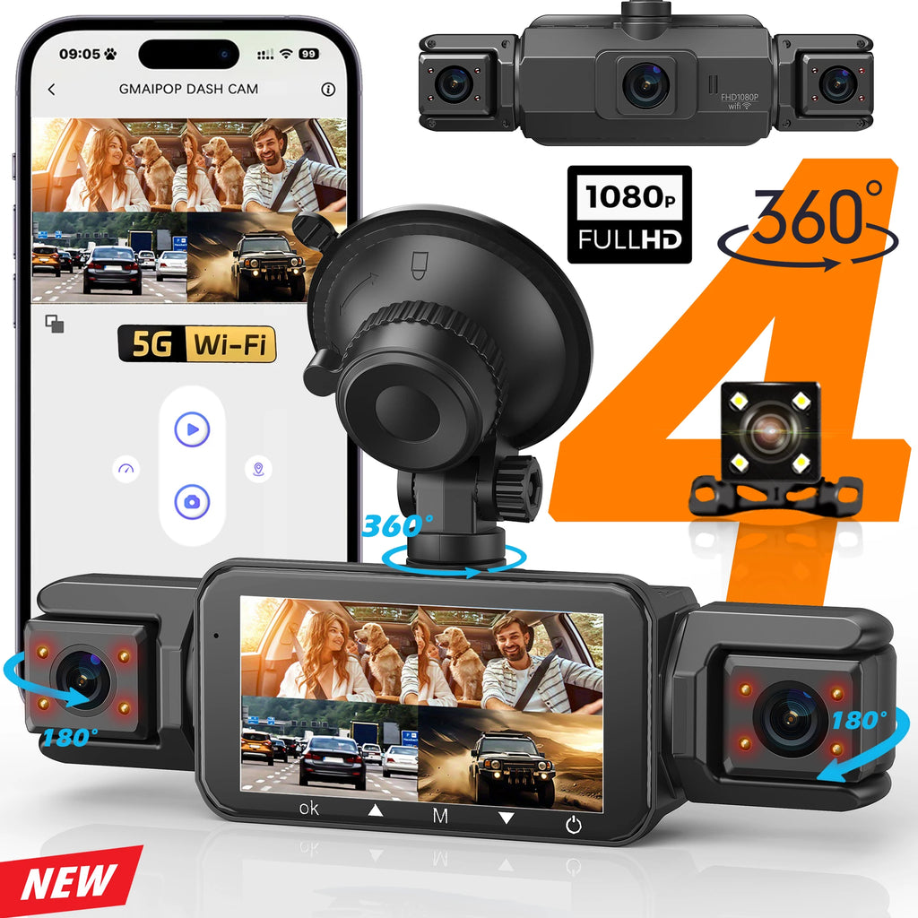 4-channel dash cam kit with front and rear cameras, black box, and dual screens