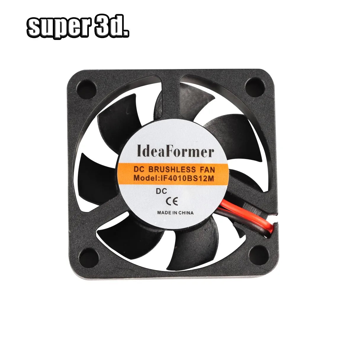 Black DC brushless fan with square frame and red wire lead; front label visible.