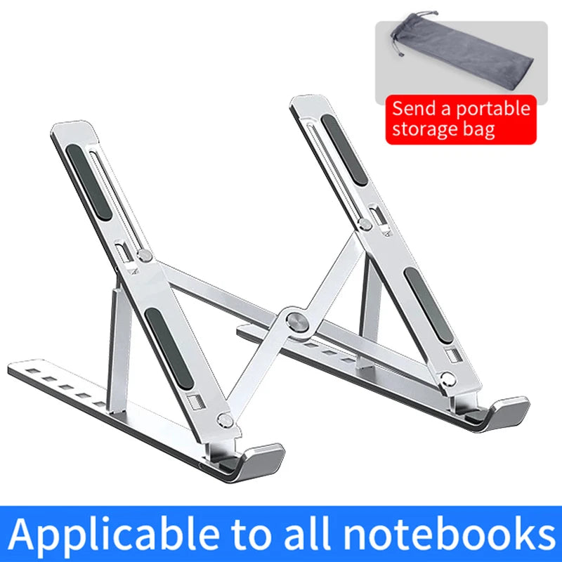 Silver adjustable laptop stand with foldable supports and anti-slip pads