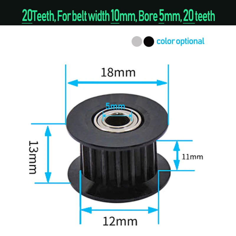 GT2 timing pulley, black, 20 teeth, 5mm bore, belt width 11mm