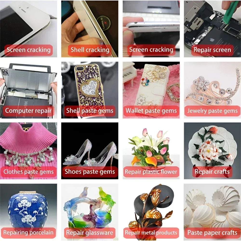 Contact repair adhesive application collage with screen, jewelry, and repair examples