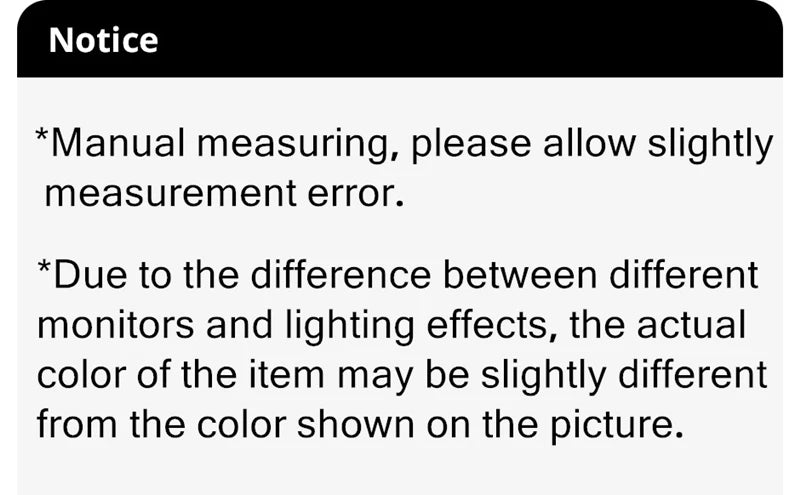 Product notice card with manual measuring and color variation information