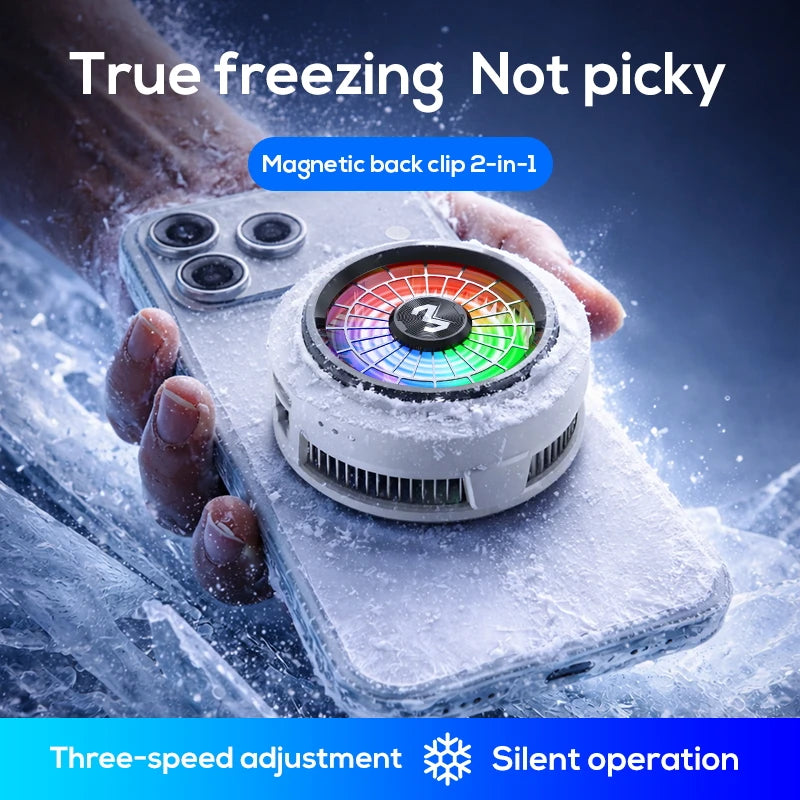 White phone semiconductor cooler with RGB fan and magnetic back clip mount