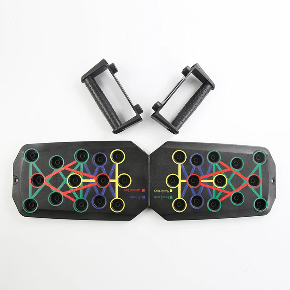Foldable push-up board set open with two side handles and colorful ring targets