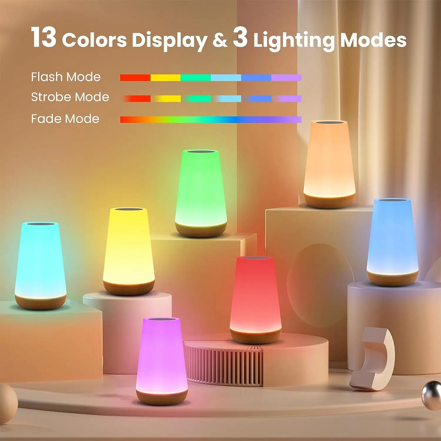 Portable RGB touch night lamp with soft white glow on a bedside surface.