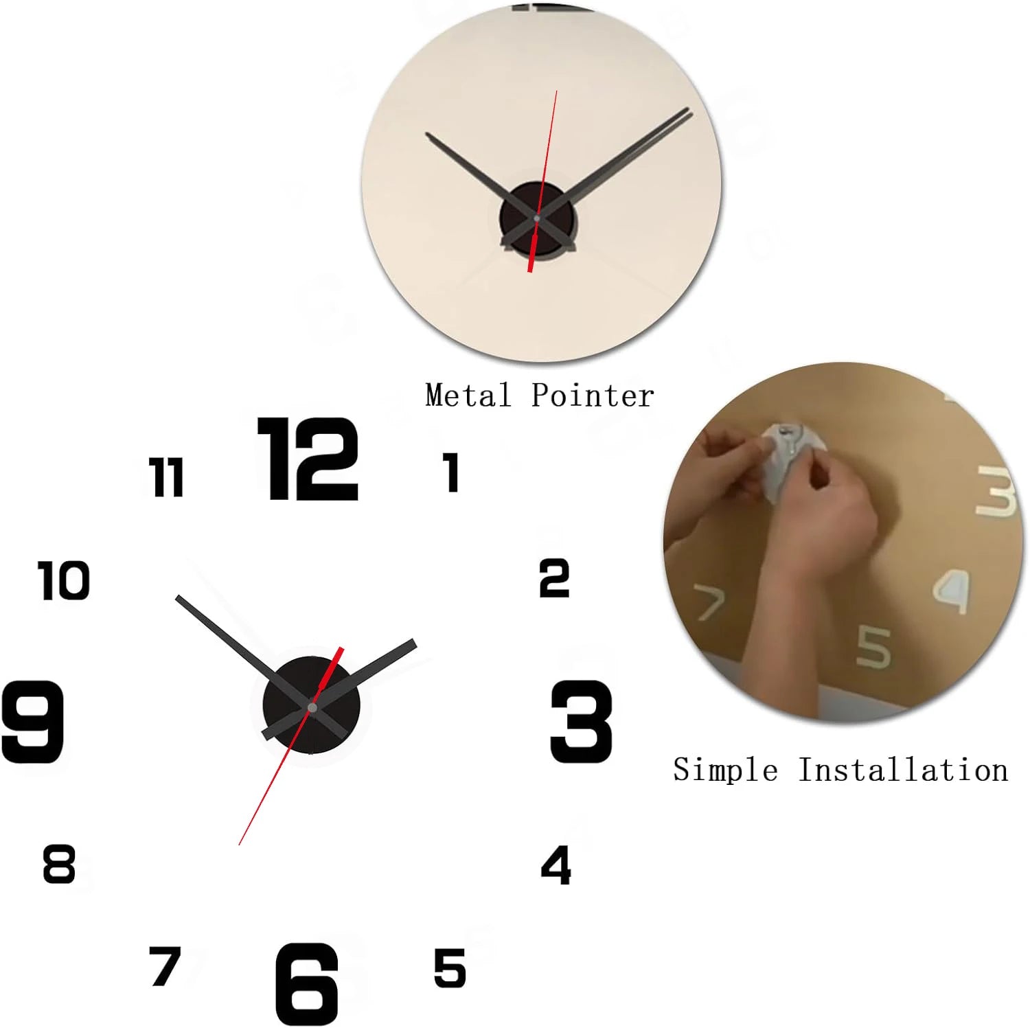 DIY wall clock sticker clock face and hands shown close-up; includes metal pointer and numbers.