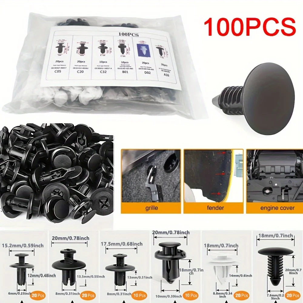 Auto fastener clip kit showing 100PCS mixed black push rivets and case