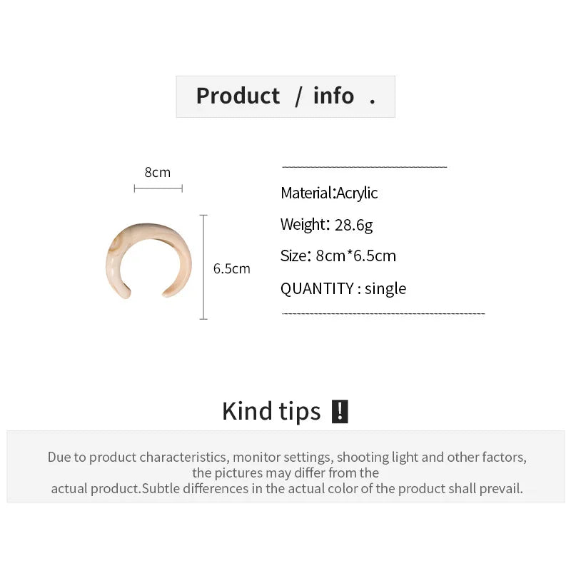 Shiny acrylic open bangle U-shape with size diagram