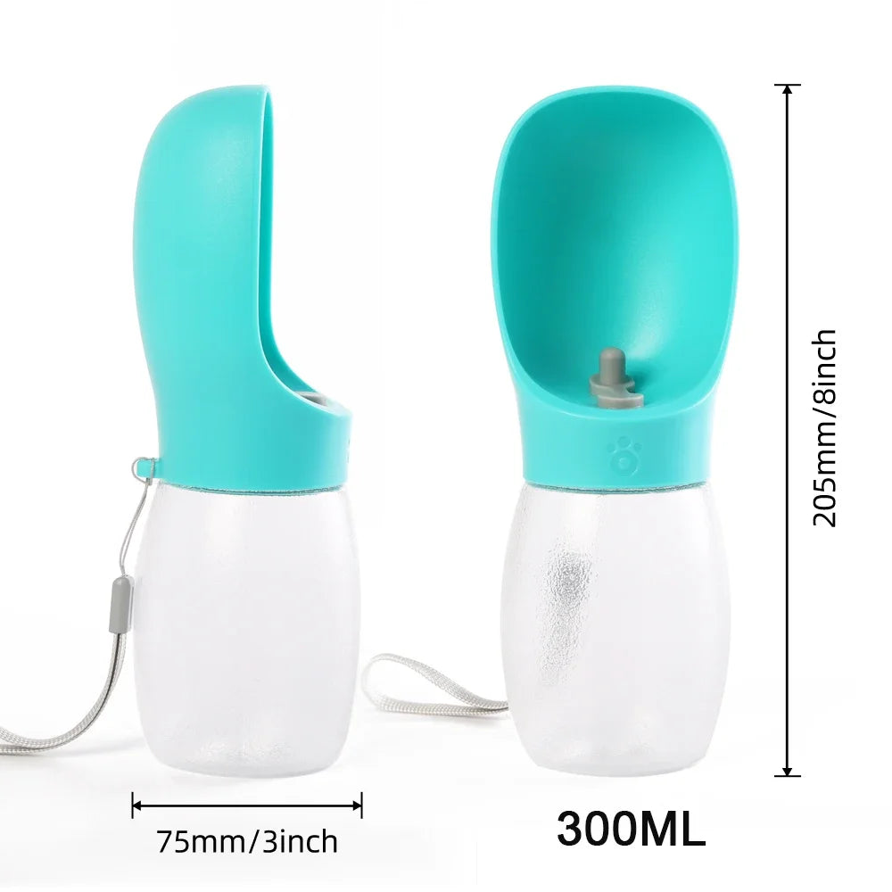 Turquoise and white pet water bottle, size view with 300ML capacity