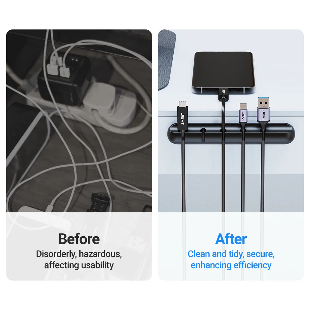 Black adhesive cable holder clips bundling charging cables for a cleaner setup