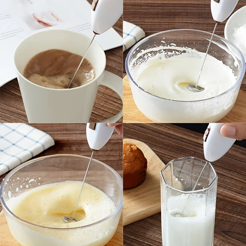 Handheld electric milk frother whisk mixing in two cups, white body