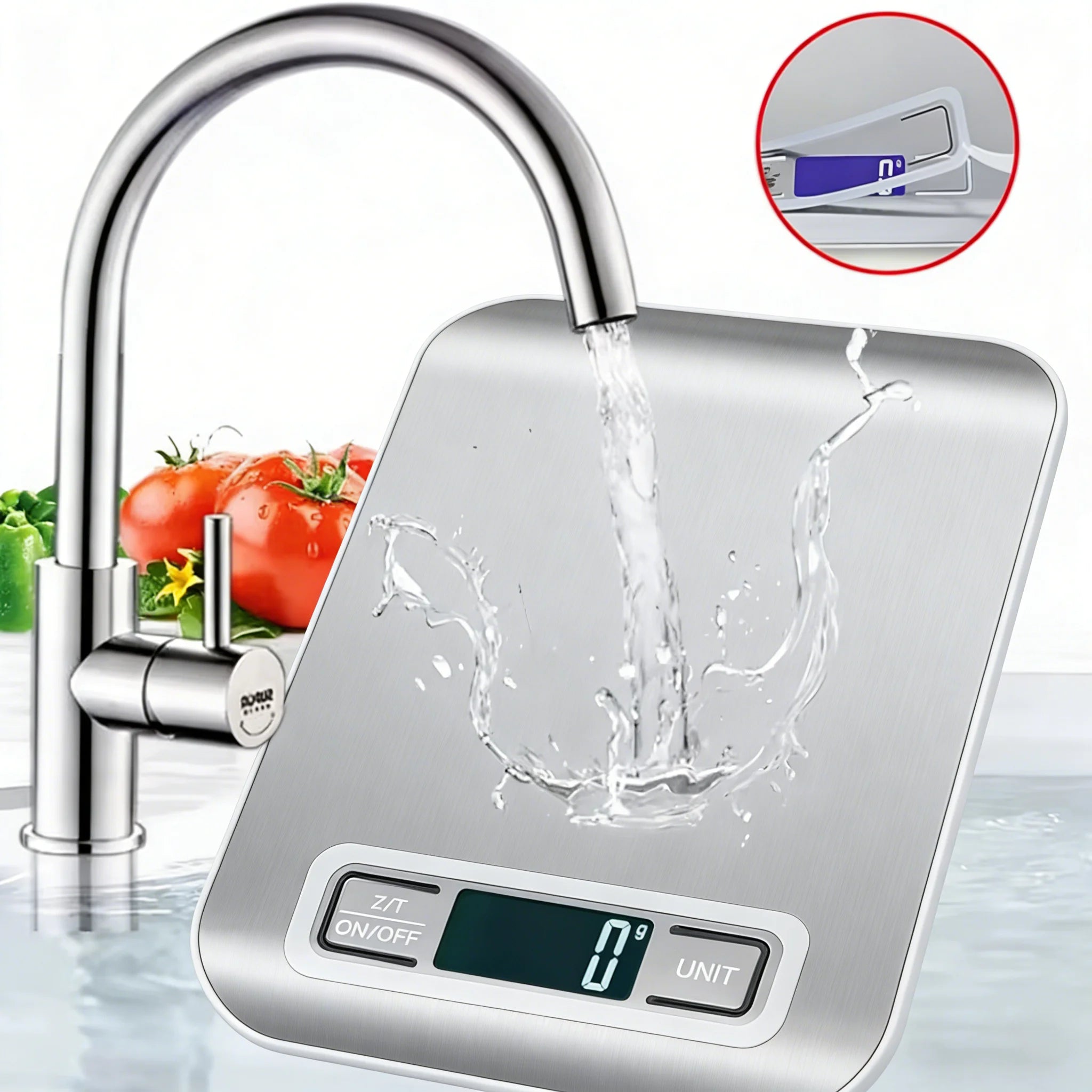 Stainless digital kitchen scale with LED display while water pours onto the platform