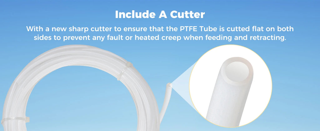 White PTFE tube with included cutter, shown beside the cut tube