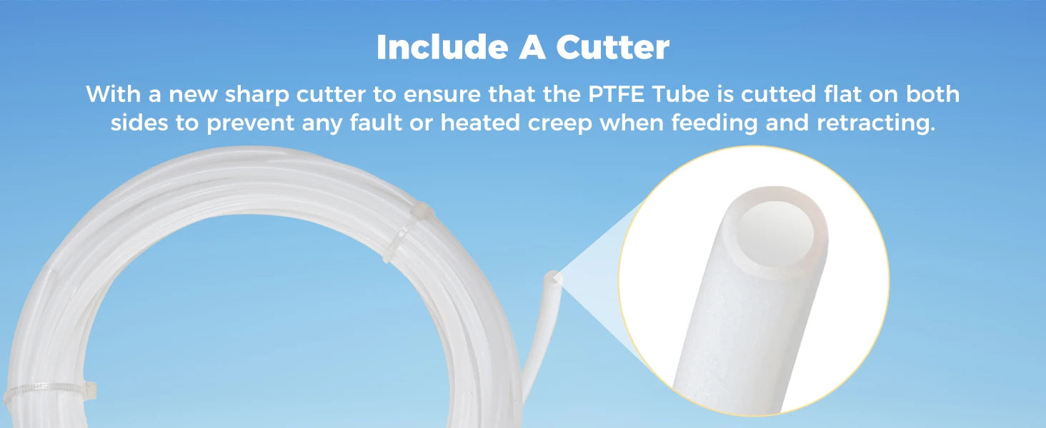 White PTFE tube with included cutter, shown beside the cut tube