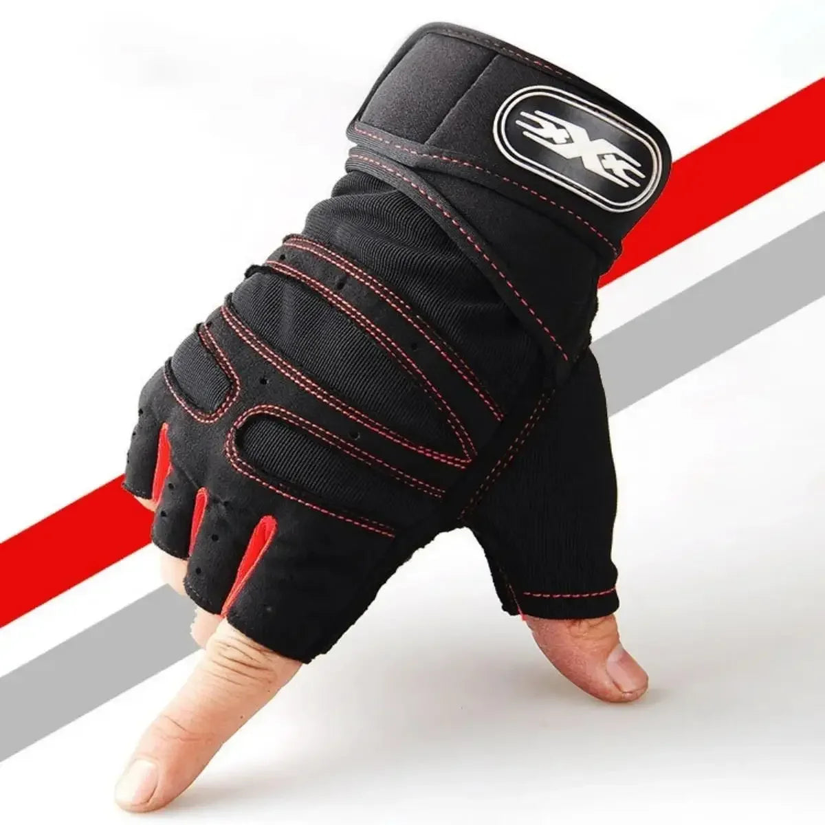 Black weight lifting gloves with red stitched padding and wrist logo patch; padded fingers.