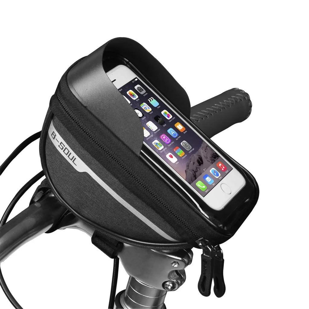 Black waterproof bike handlebar phone bag with touch-screen window and mounting strap