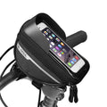 Black waterproof bike handlebar phone bag with touch-screen window and mounting strap