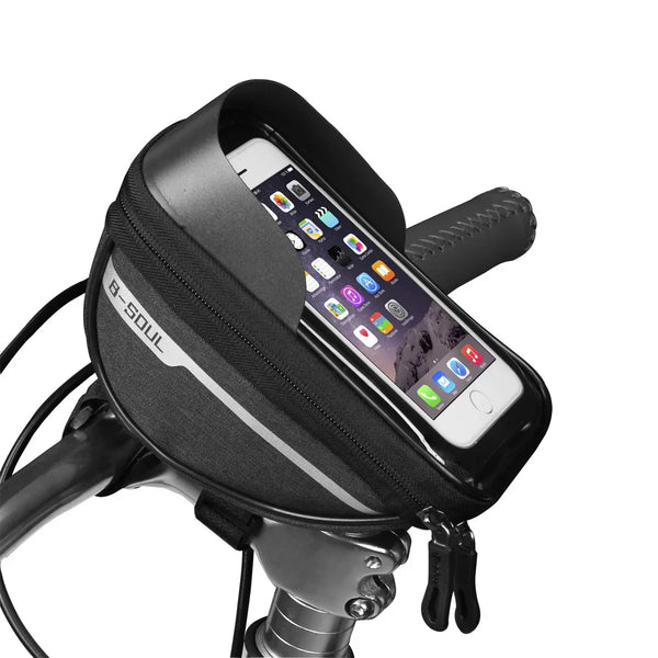 Black waterproof bike handlebar phone bag with touch-screen window and mounting strap