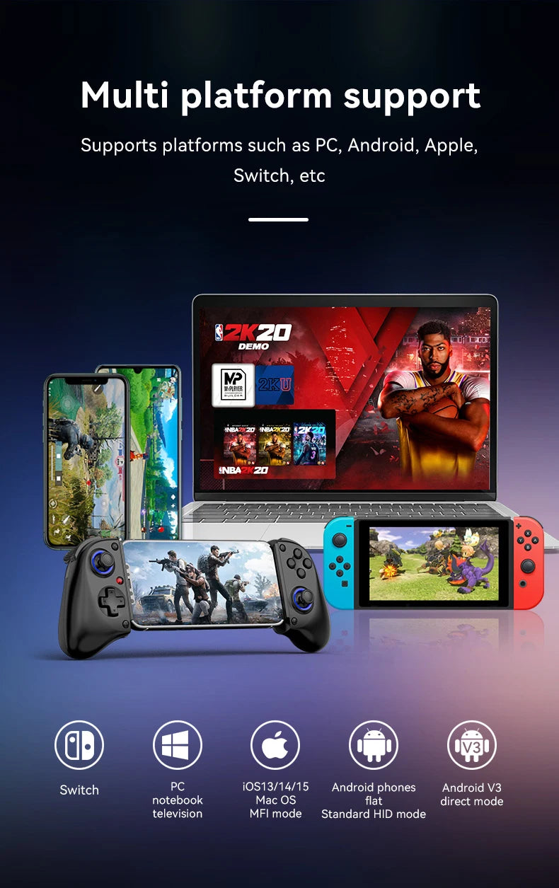 Wireless multi-platform phone game controller shown with controllers and mobile device screens