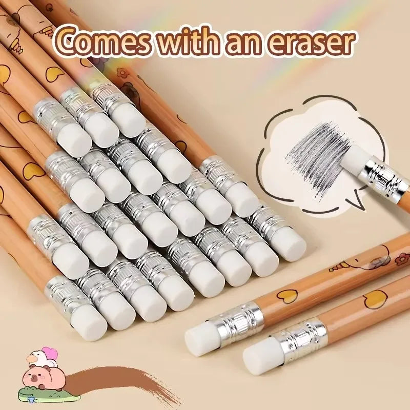 Capybara cartoon HB pencils with eraser ends next to a capybara drawing on paper