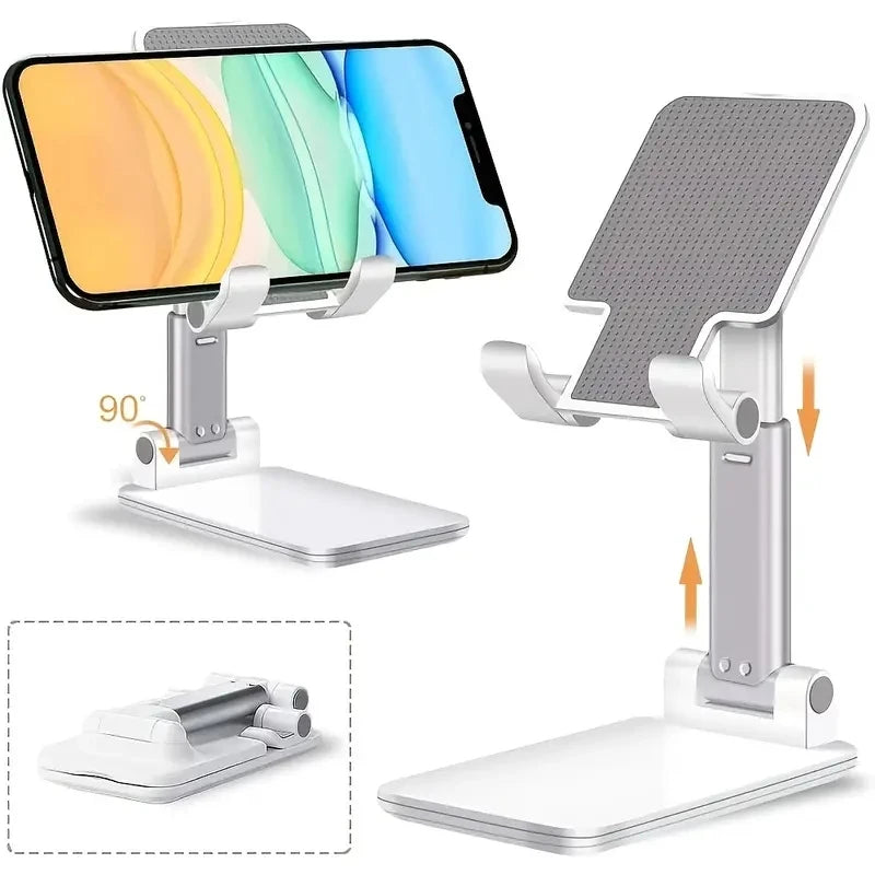 Adjustable desktop phone and tablet holder stand with angled gray grip pad