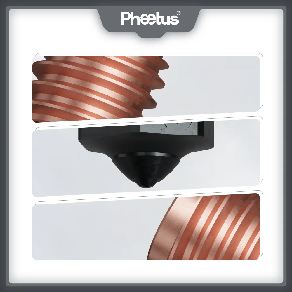 Silicon carbide nozzle close-up with copper striped threads and black conical outlet