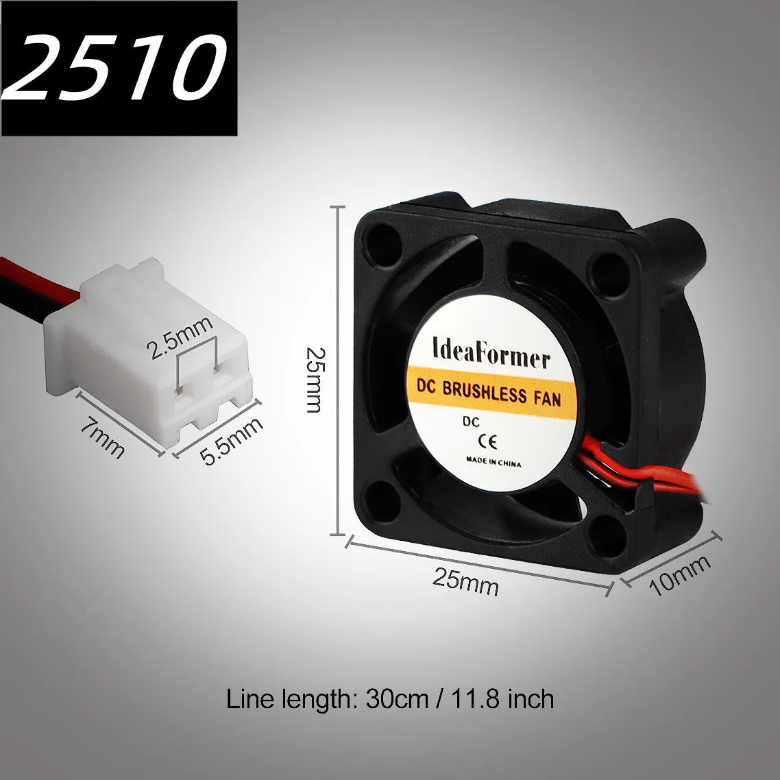 25mm brushless DC cooling fan with black frame and red/black 2-pin connector cable