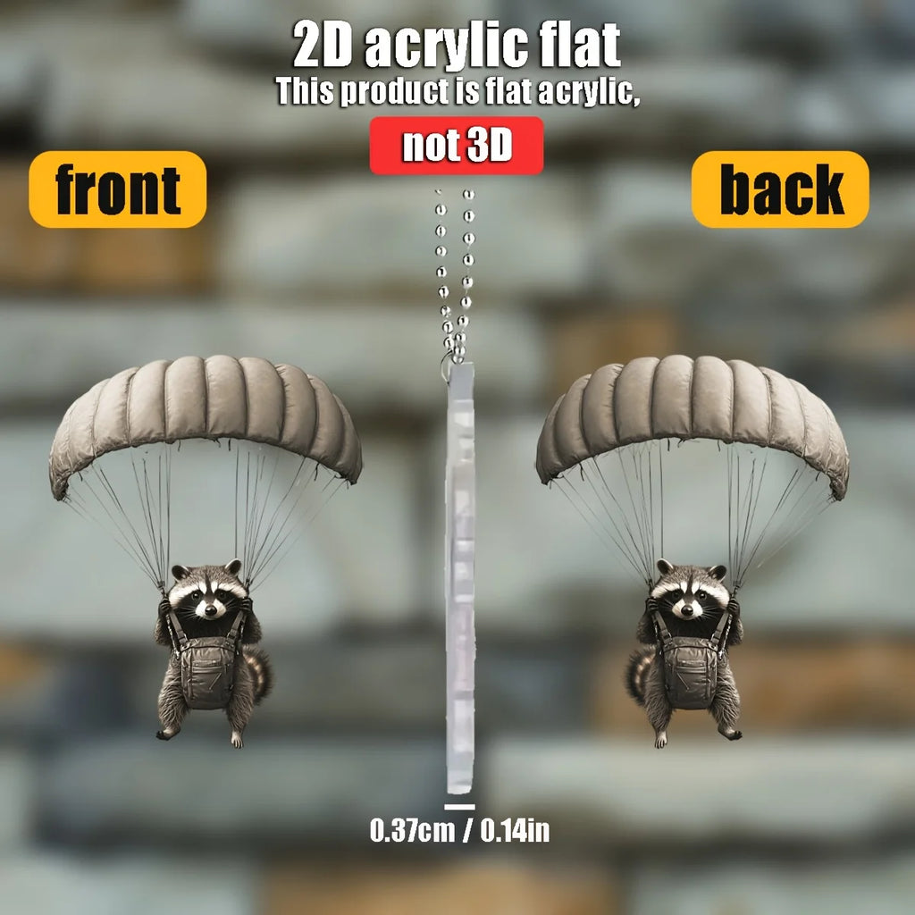 Parachute animal pendant keychain front and back views with beaded chain and clear bar