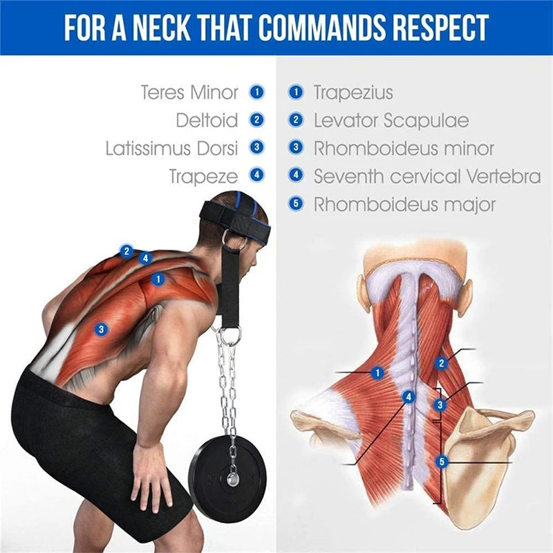 Neck training harness with chain and head cap designed for neck and upper back support
