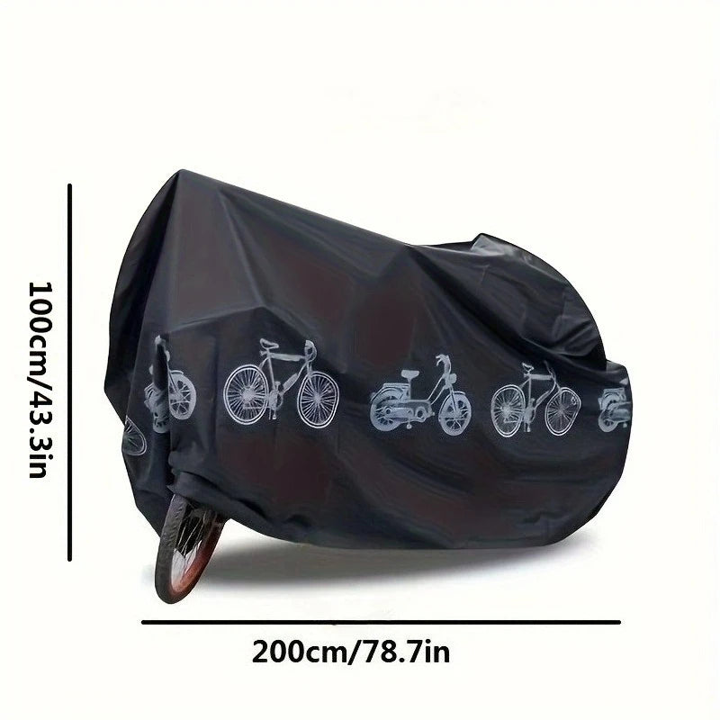 Black bike cover with bicycle print, size markings 200cm and 100cm shown