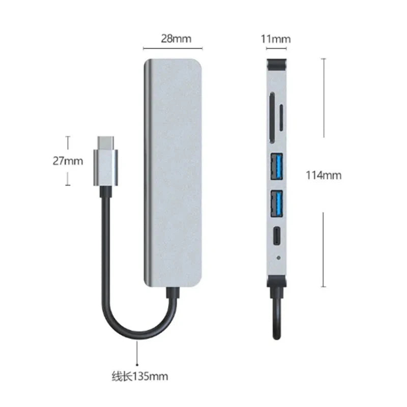 USB-C hub with side ports and attached cable, shown with dimension measurements