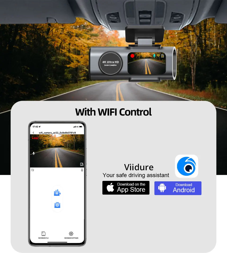 Dash cam DVR with built-in display and Wi‑Fi control app shown on a phone