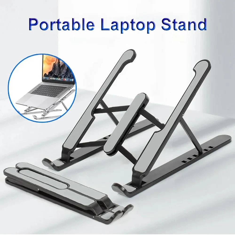 Portable foldable laptop stand with two angled supports and anti-slip feet, black.
