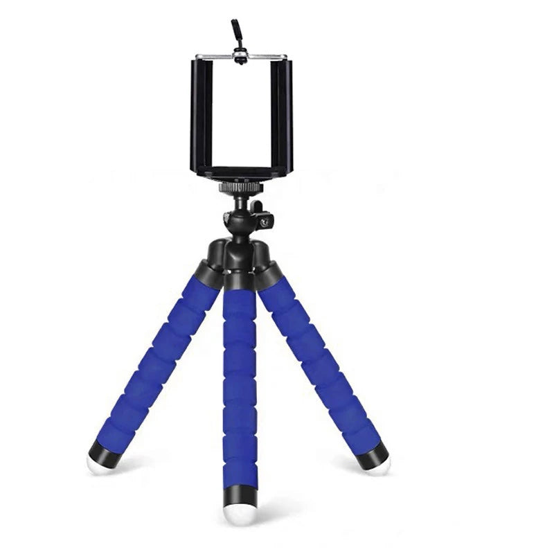 Blue mini phone tripod stand with clamp and flexible legs