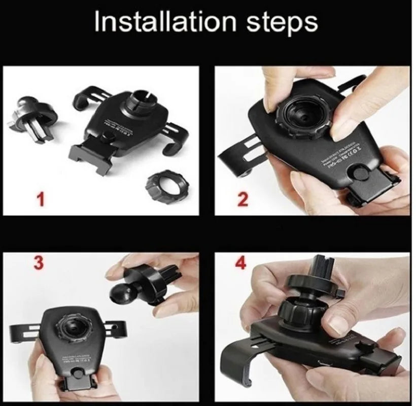 Car phone holder installation steps showing mounting parts and phone placement on clamp