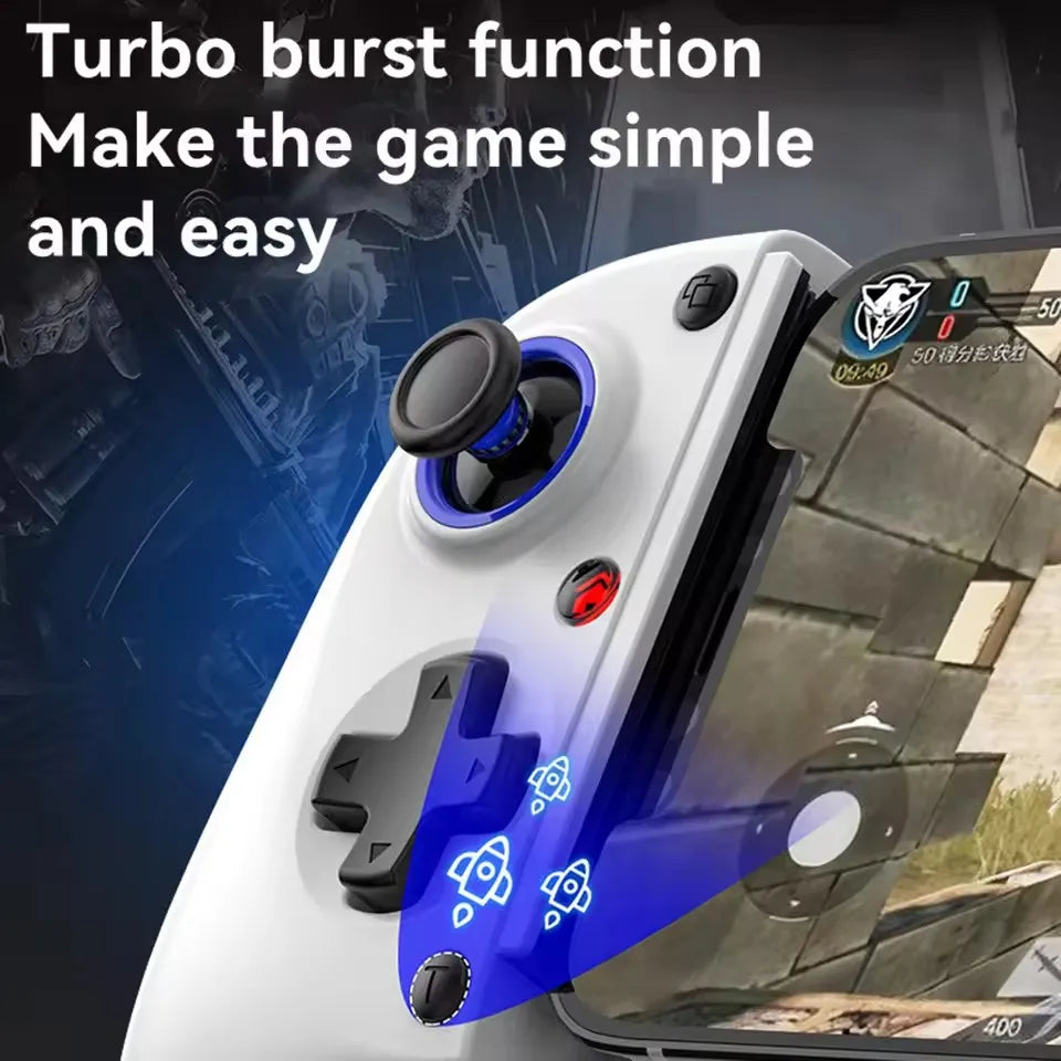 Wireless phone Bluetooth game controller with Turbo button and textured grips, white and blue