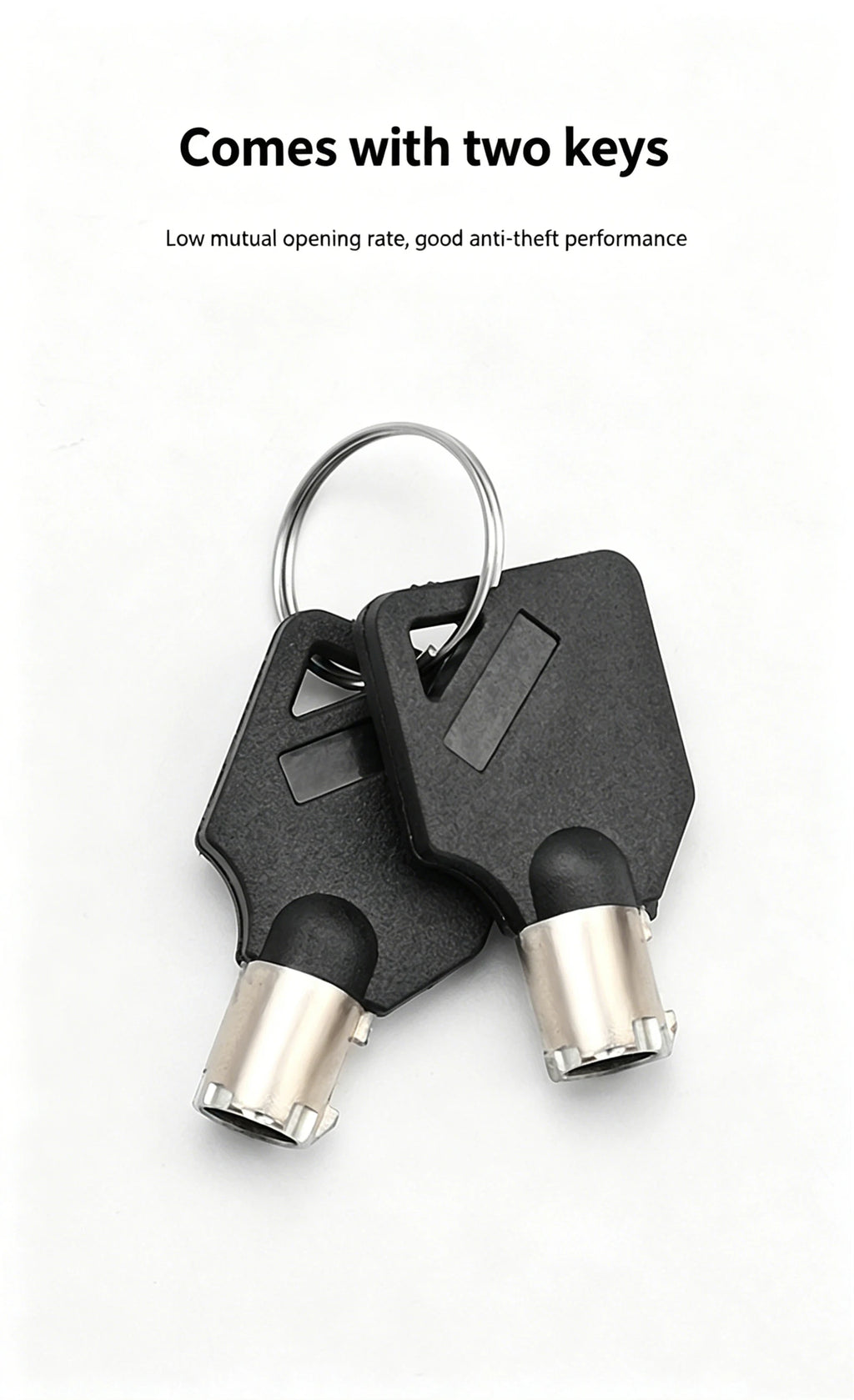 Black disc brake lock keys set with two metal keys, alarm security device