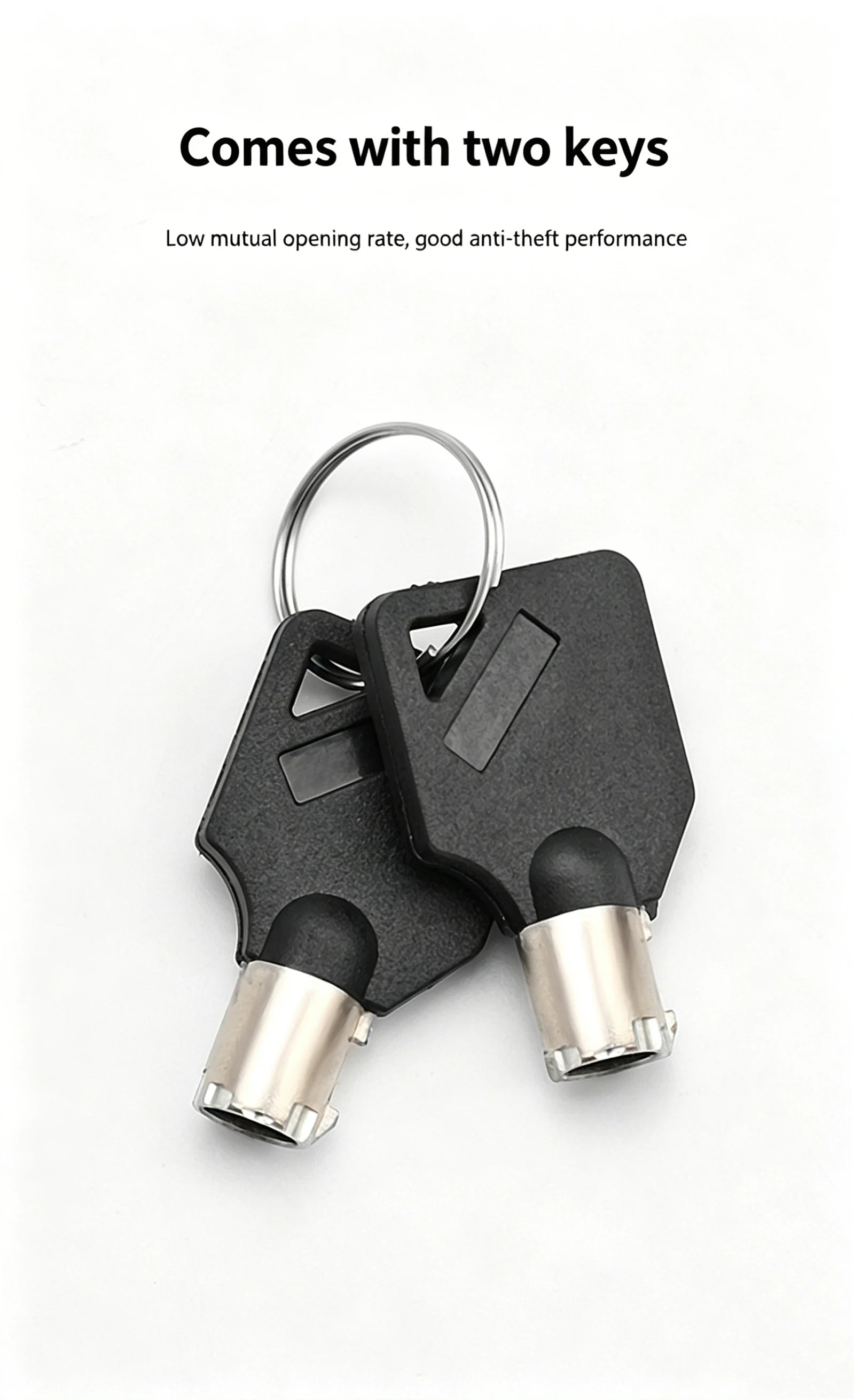 Black disc brake lock keys set with two metal keys, alarm security device