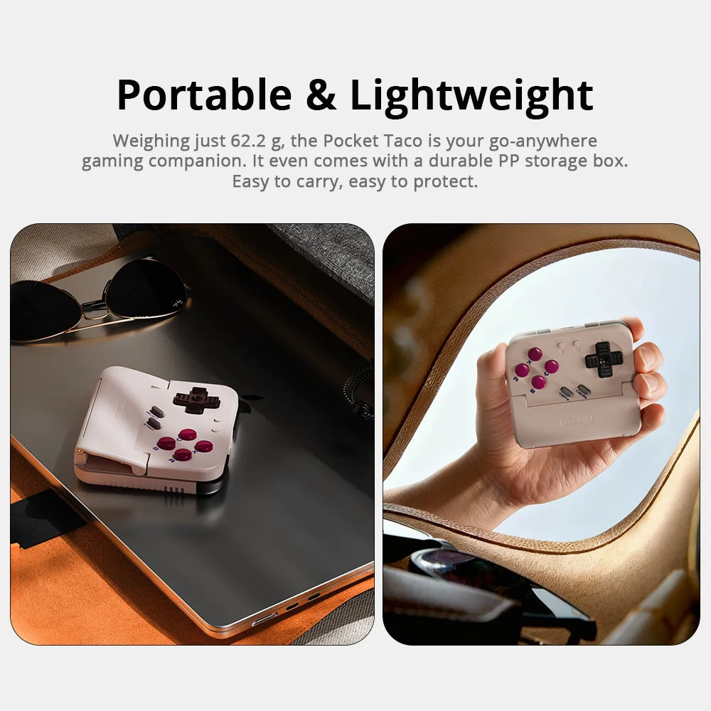 Cream Pocket Taco portable controller with D-pad and purple button cluster, held in hand