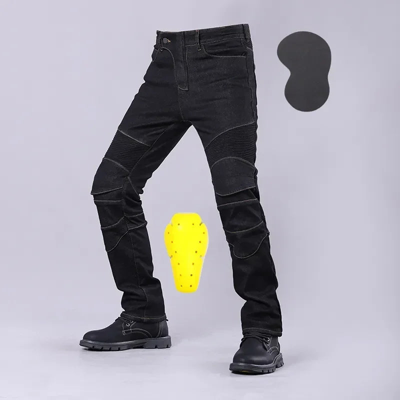 Black motorcycle riding jeans with knee and thigh protective armor panels