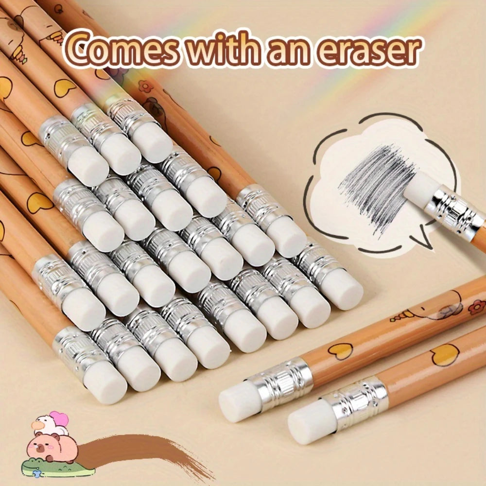 HB capybara cartoon pencils with white erasers on silver metal ferrules
