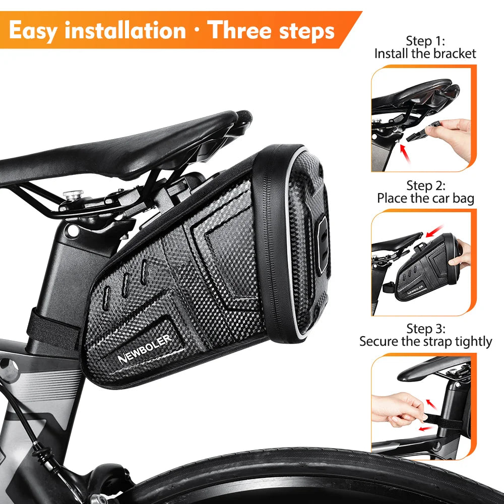 Waterproof bicycle seat bag mounted on bike saddle with side strap and quick-release mount