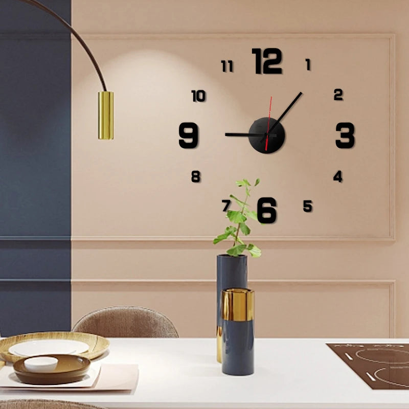 DIY wall clock sticker with black round face, black hands and red second hand, 1–12 on wall.