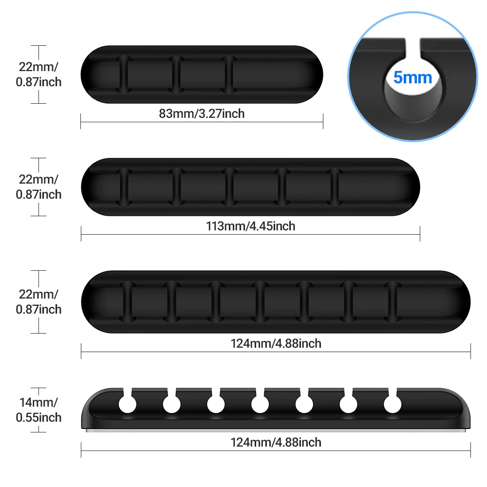 Black adhesive cable holder clips with multiple cord channels, 5mm hole detail